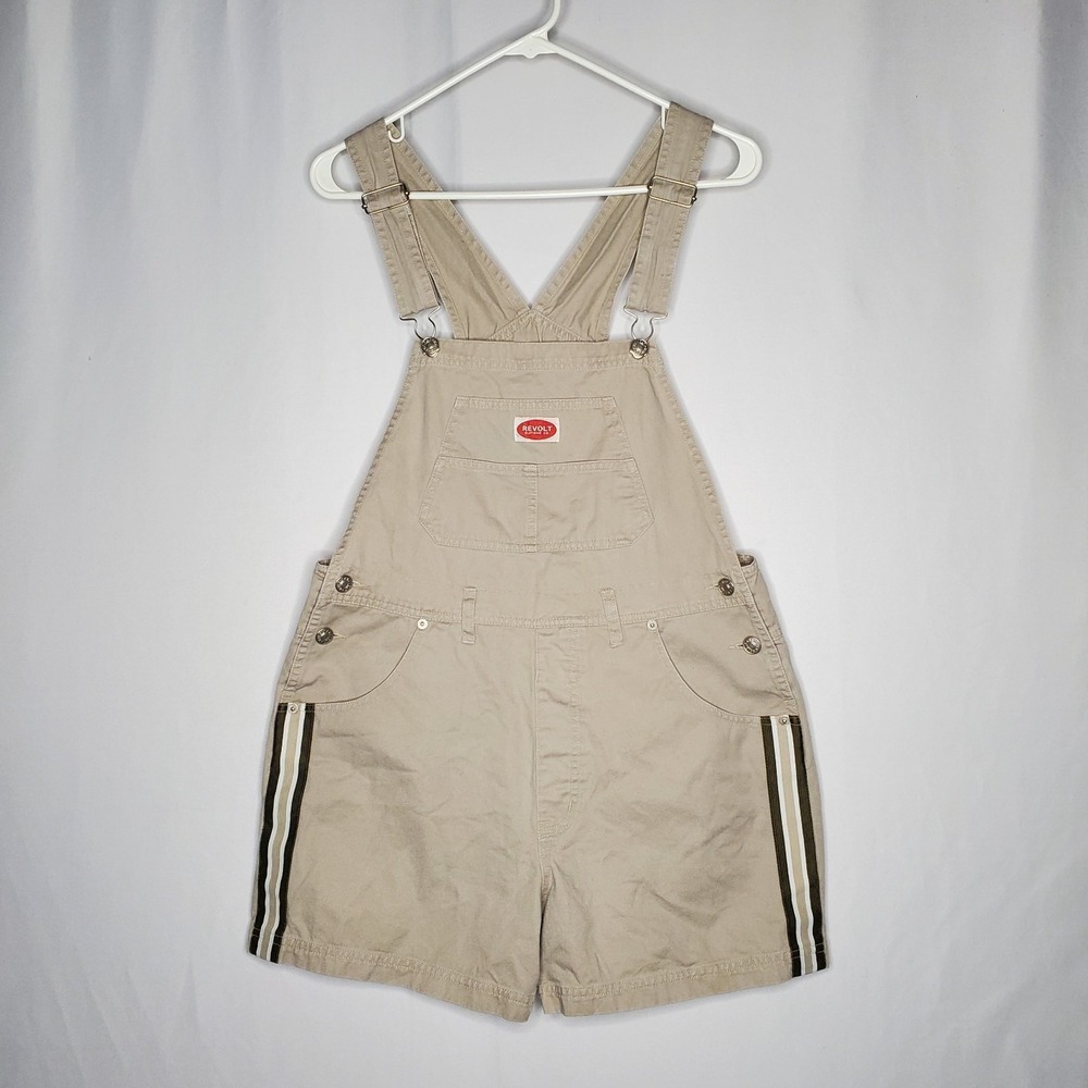 Revolt Overall Shorts Large Khaki Denim Racing Stripe Buckle Pockets Vtg 90s Y2K